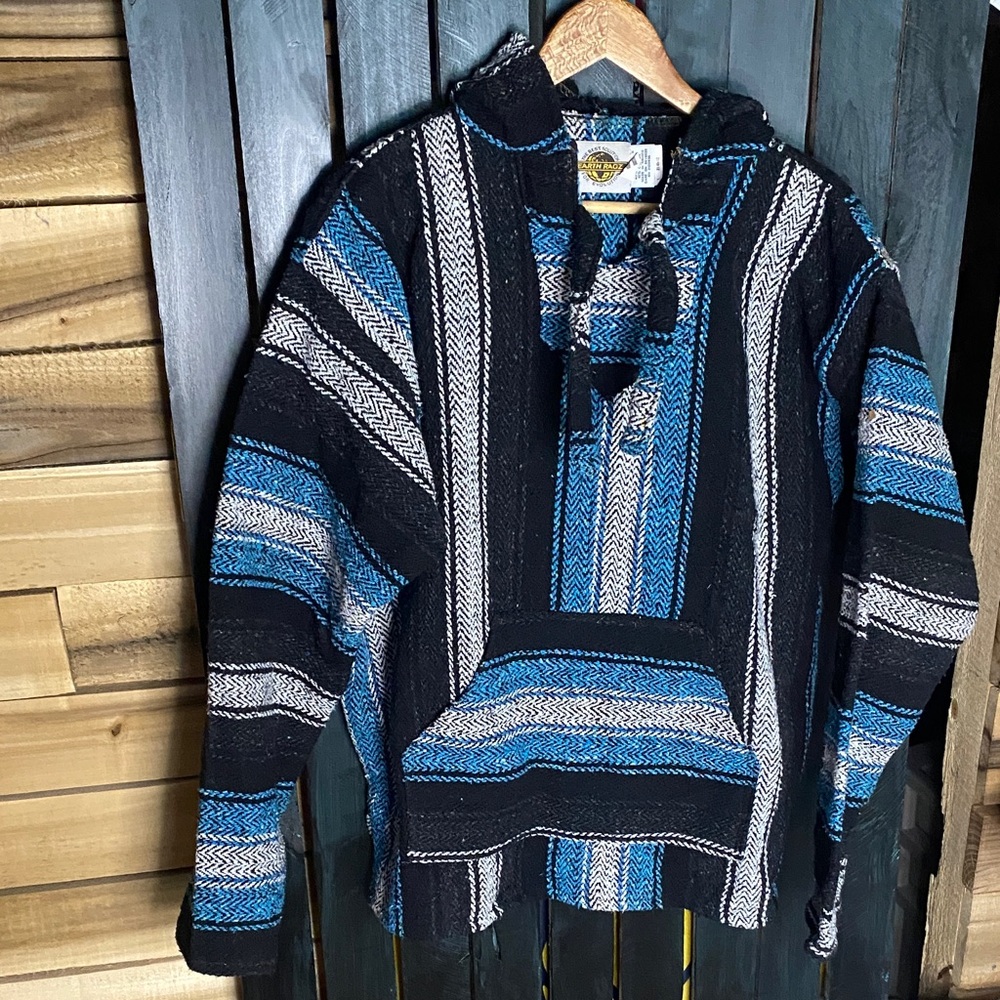 Earth Ragz Blue Black and white Baja Hoodie Sweatshirt size medium (oversize)
